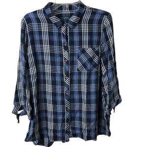 J. Jill Denim Women's Blue Plaid Button-Up Blouse Tie Sleeve Size Large